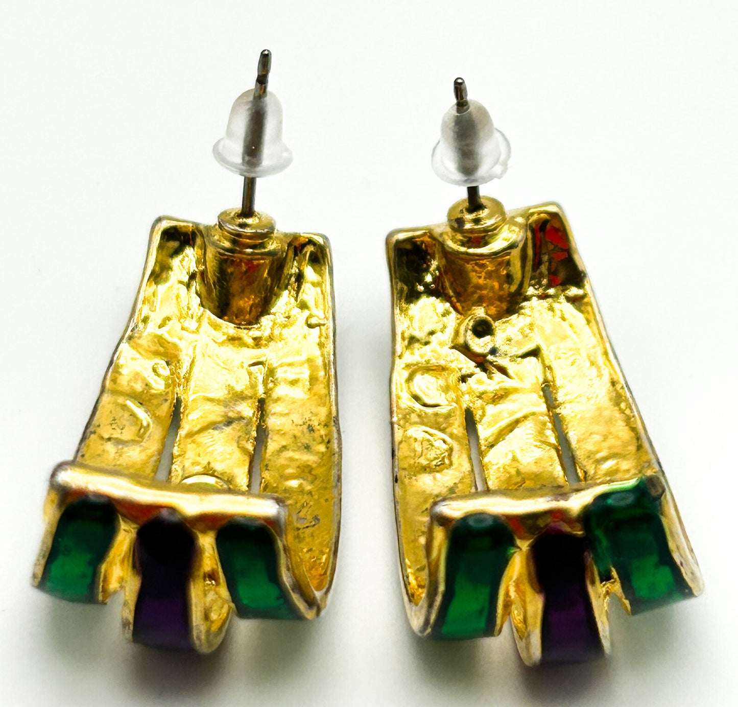 Vintage Dolphin Ore Enamel Earrings Green Purple Gold Tone Curved Statement