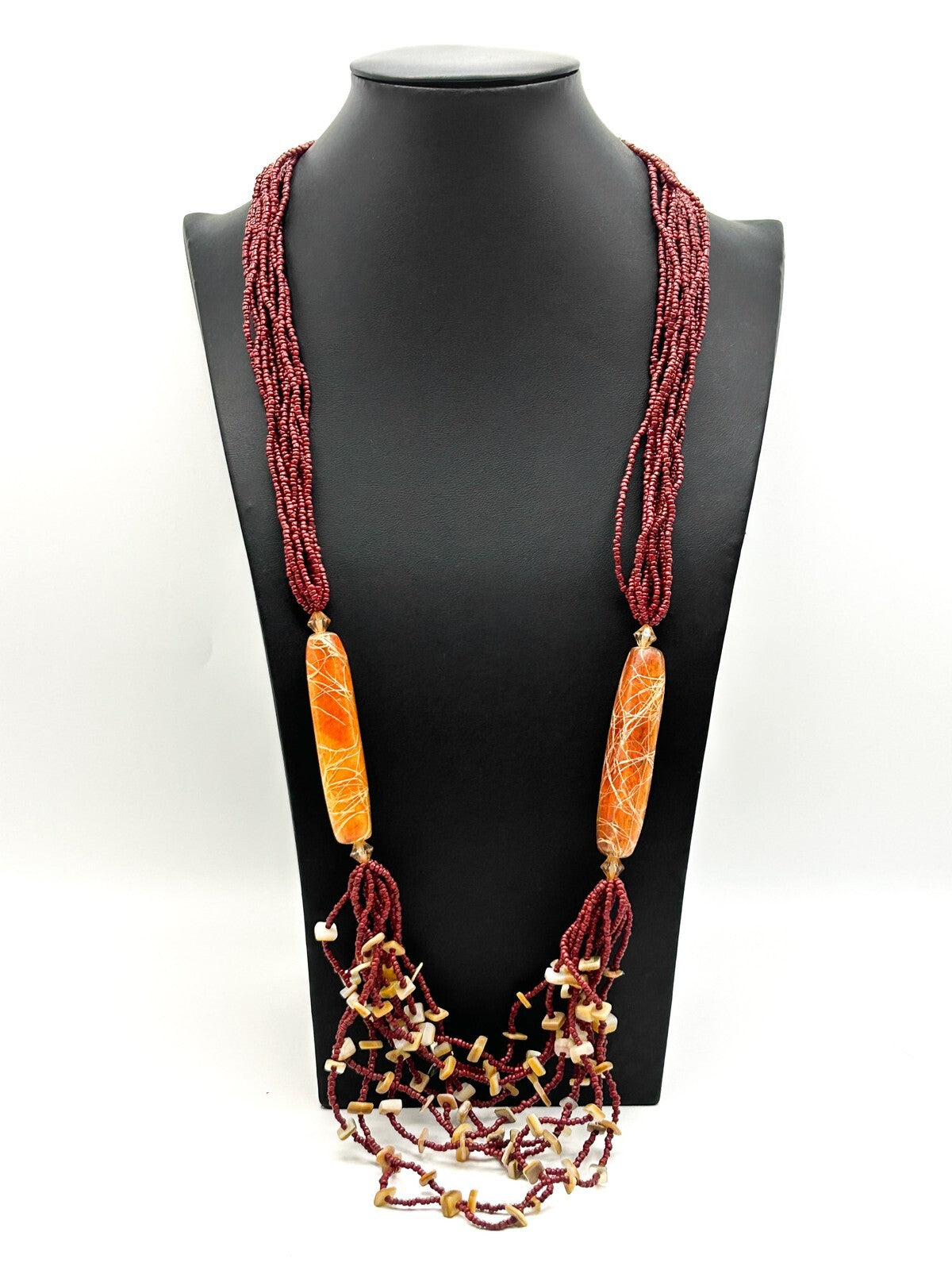 Red Multi-Strand Glass Seed Bead Necklace with Orange Drizzle Tube Beads Bogo