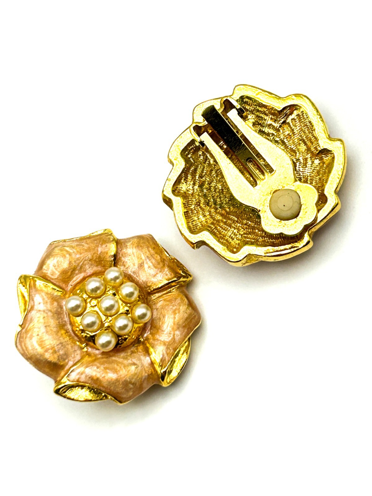 Vintage Peach Enamel Flower Clip On Earrings Faux Pearl Gold Tone Statement