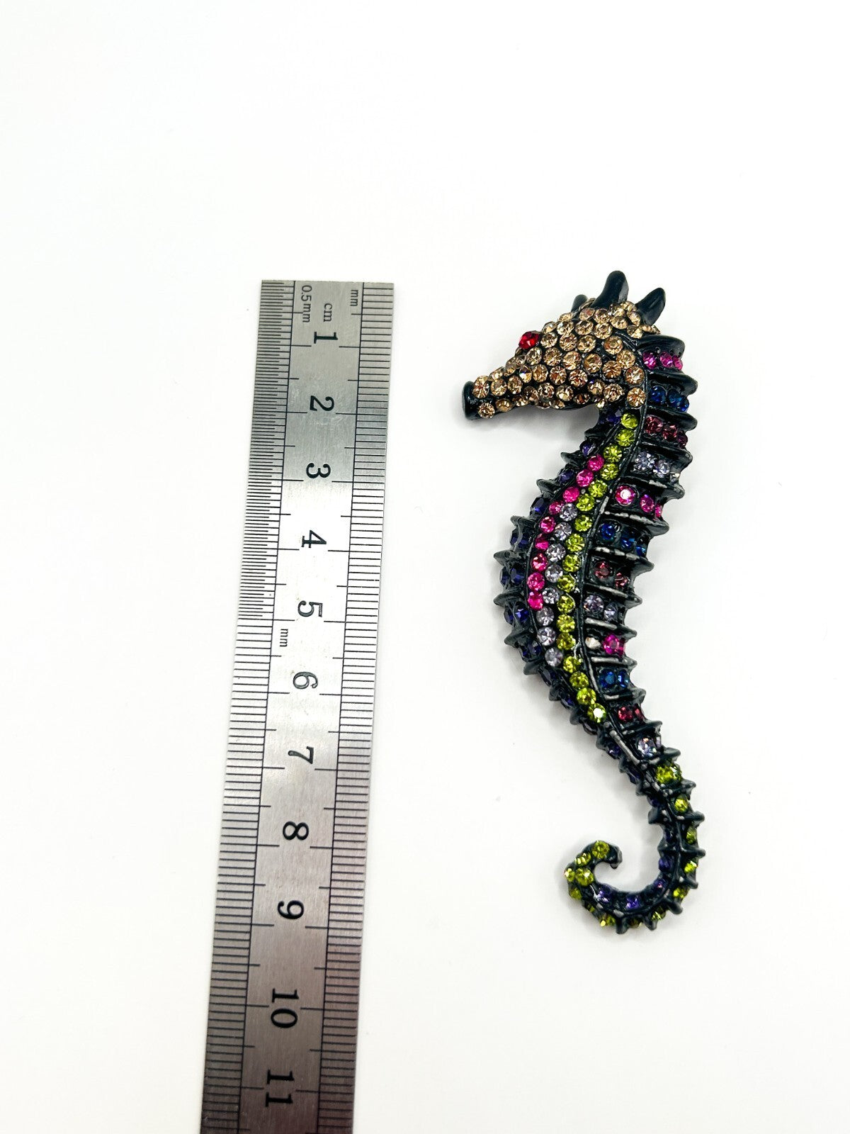 Large Rhinestone Seahorse Brooch Multicolour Figural Pendant 8.5 cm