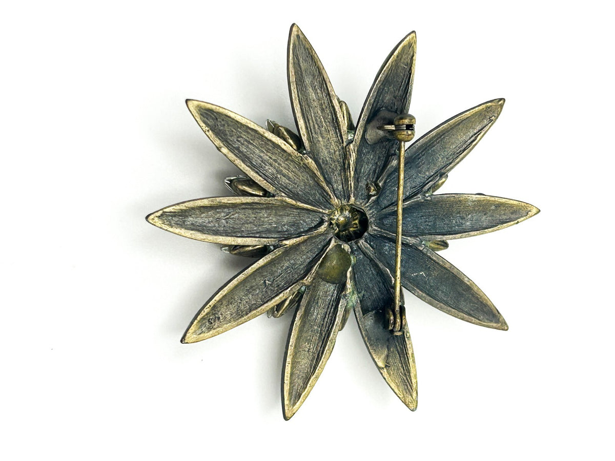 Vintage Green Tones Enamel & Glass Flower Brooch