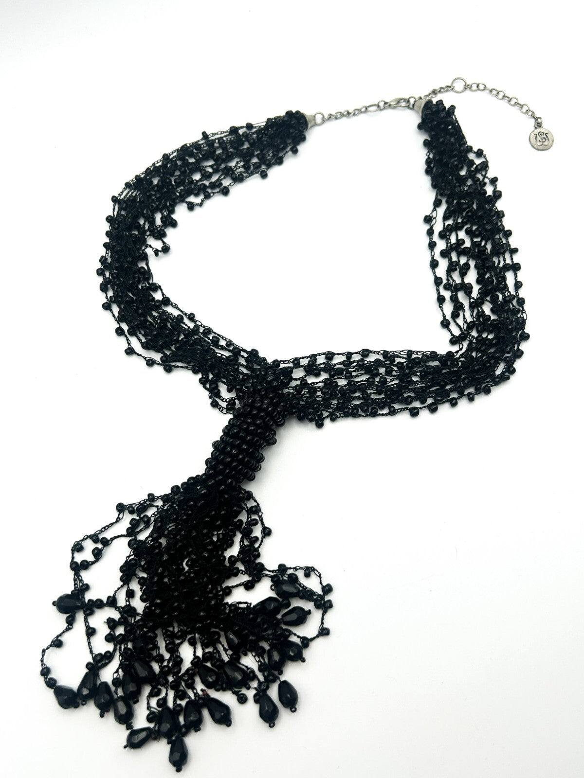 Black Multi Strand Beaded Tassel Necklace Statement Signed WS 25”