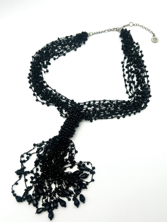 Black Multi Strand Beaded Tassel Necklace Statement Signed WS 25”