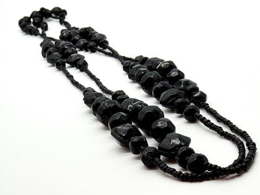 Vintage Black Glass Bead Long Necklace 30” Continuous Statement Strand