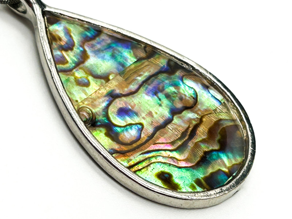 Large Abalone Shell Teardrop Pendant Necklace Snake Chain Silver Tone 17in