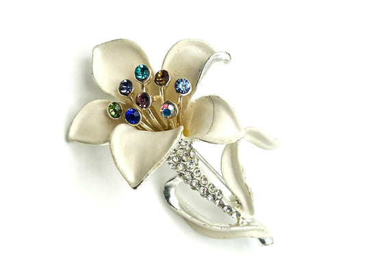 Vintage Buckingham White Enamel Lily Flower Brooch