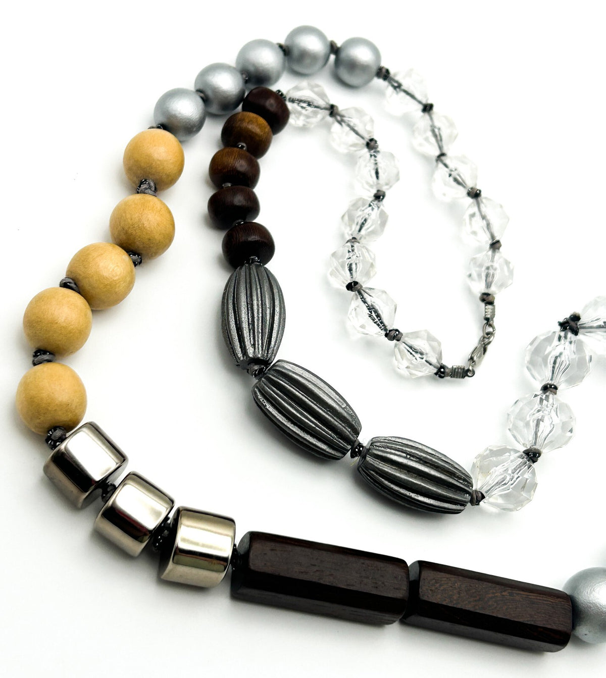 Mixed Material Statement Necklace Wood Silver Black Beads Chunky Modern 18”