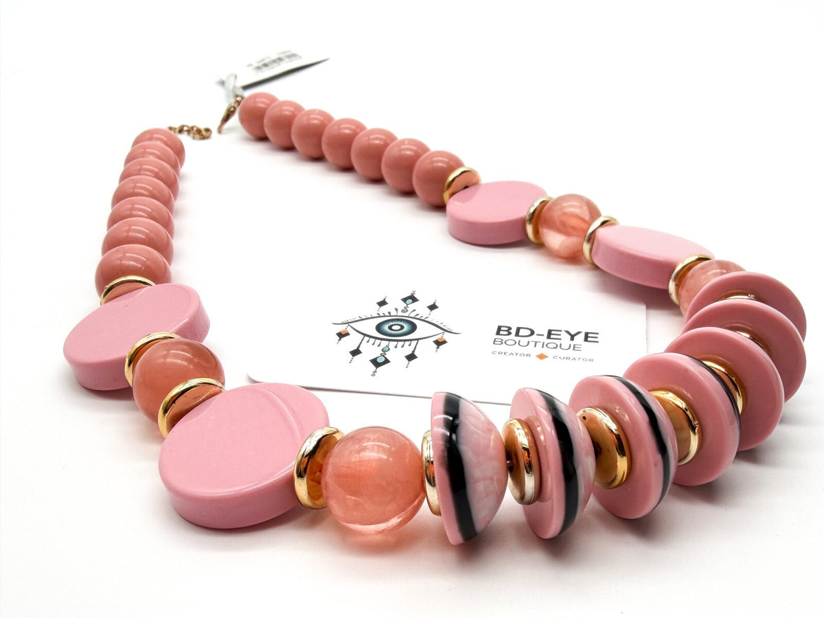 Retro Chunky Pink Acrylic Statement Necklace Disc Beads Gold Tone New w/Tag 23”