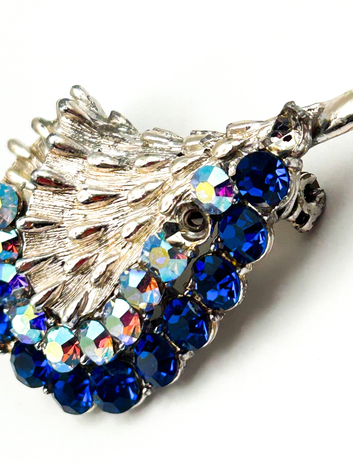 Vintage Style Blue Rhinestone Floral Spray Brooch Silver Tone Flower Statement