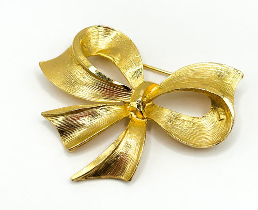 Vintage Gold Tone Bow Brooch Brushed Textured Ribbon Statement Pin 5cm