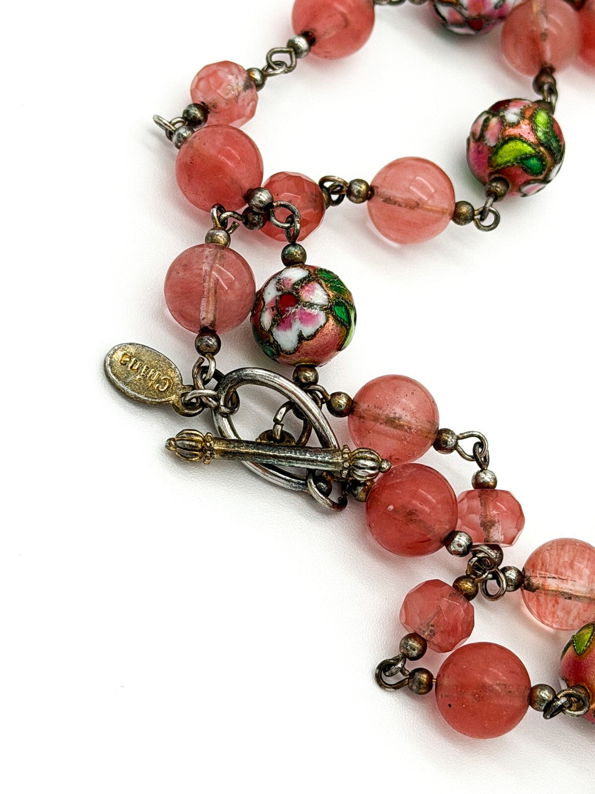 Vintage Pink Glass Bead Necklace Double Strand Cloisonné Accent Beads Summer
