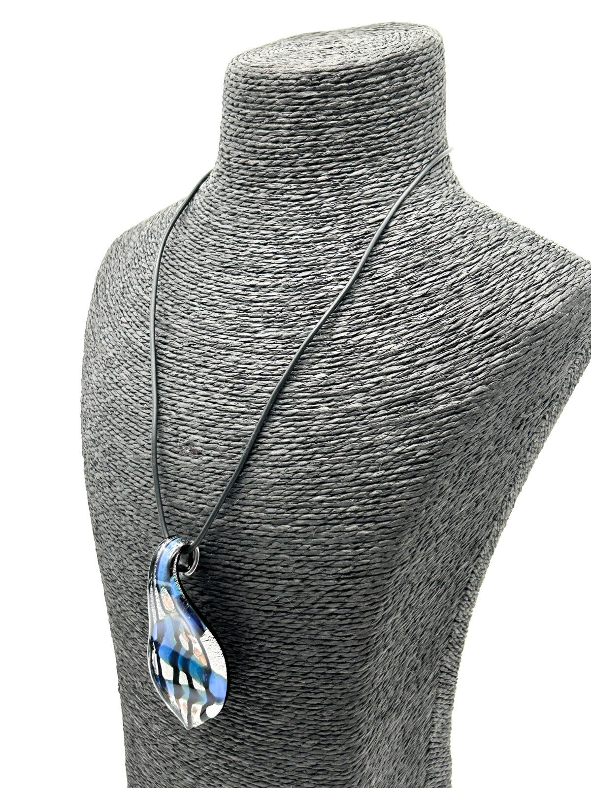 Murano Style Art Glass Pendant Necklace Blue, Silver & Black Abstract Design