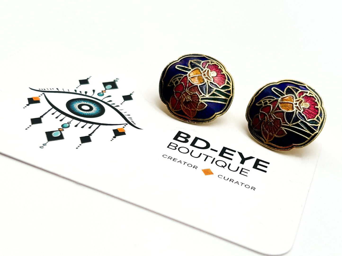 Vintage Cloisonné Floral Clip On Earrings – Blue Enamel Round Studs Red Flower