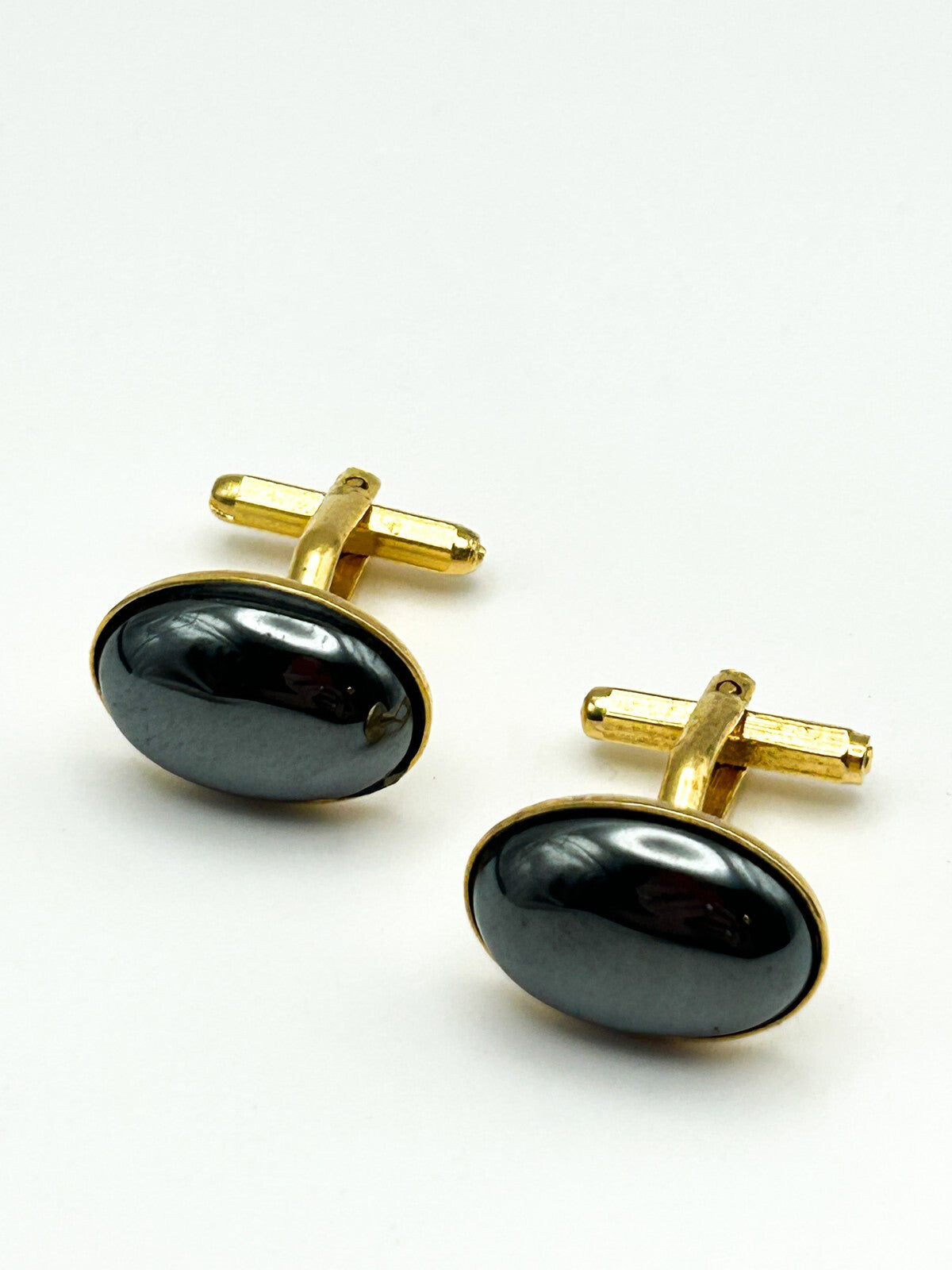 Vintage Gold Tone Oval Hematite Cufflinks