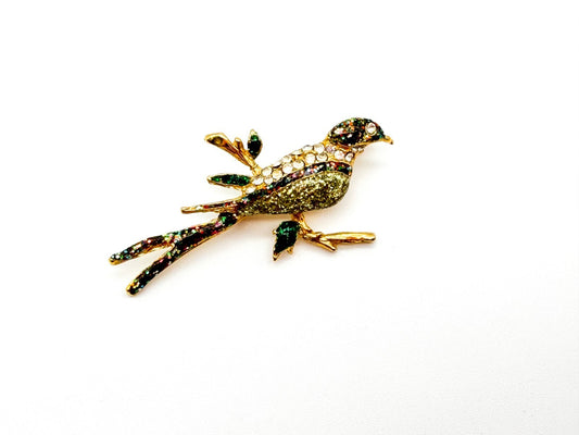 Vintage Gold Tone Bird Brooch Green Glitter Resin Rhinestone Branch Pin
