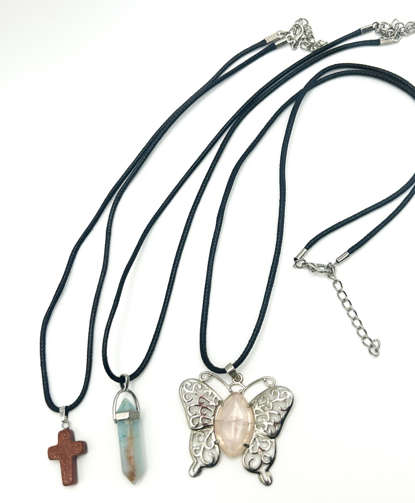 Gemstone Pendant Necklace Bundle – Goldstone Cross, Rose Quartz Butterfly & Aqua