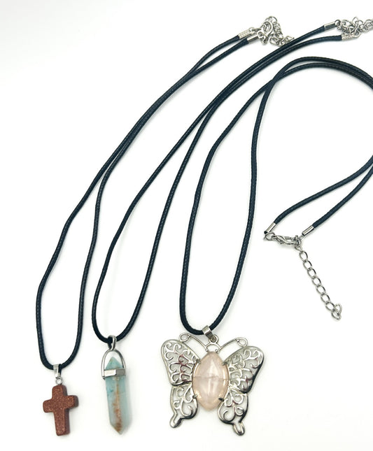 Gemstone Pendant Necklace Bundle – Goldstone Cross, Rose Quartz Butterfly & Aqua