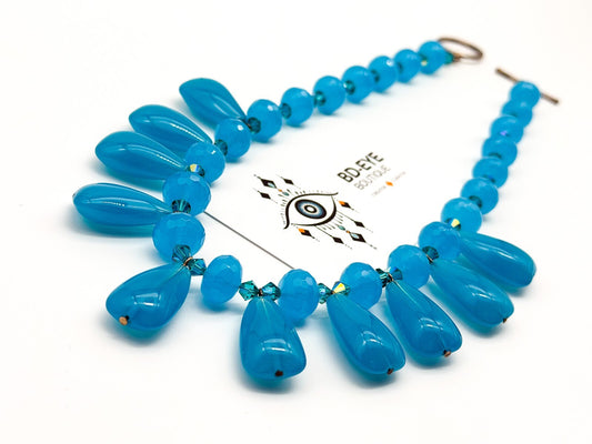 Turquoise Blue Glass Teardrop Fringe Statement Necklace Crystal Spacers Toggle
