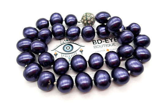 Vintage Chunky Purple Glass Faux Pearl Necklace Hand Knotted Magnetic Clasp