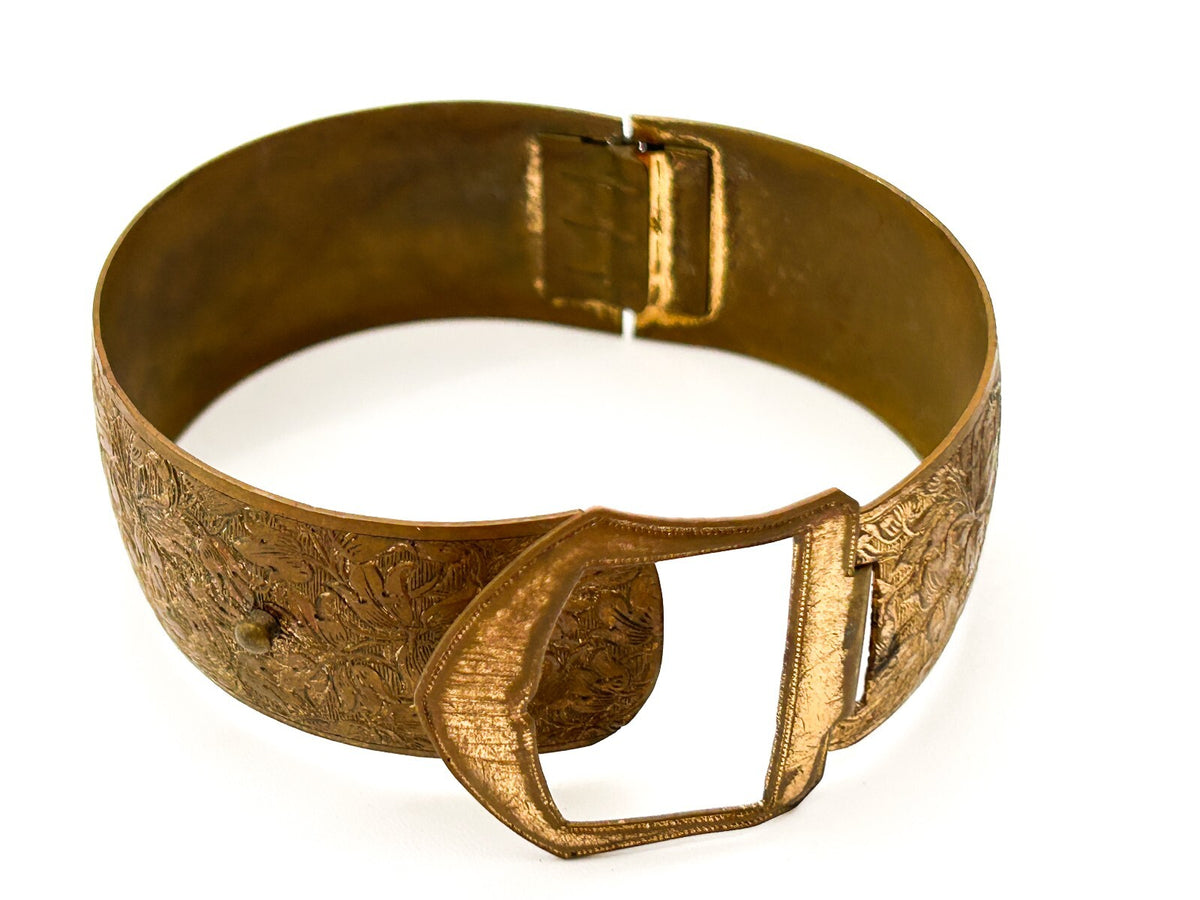 Vintage Ornate Gold Tone Buckle Bangle Embossed Floral Bracelet