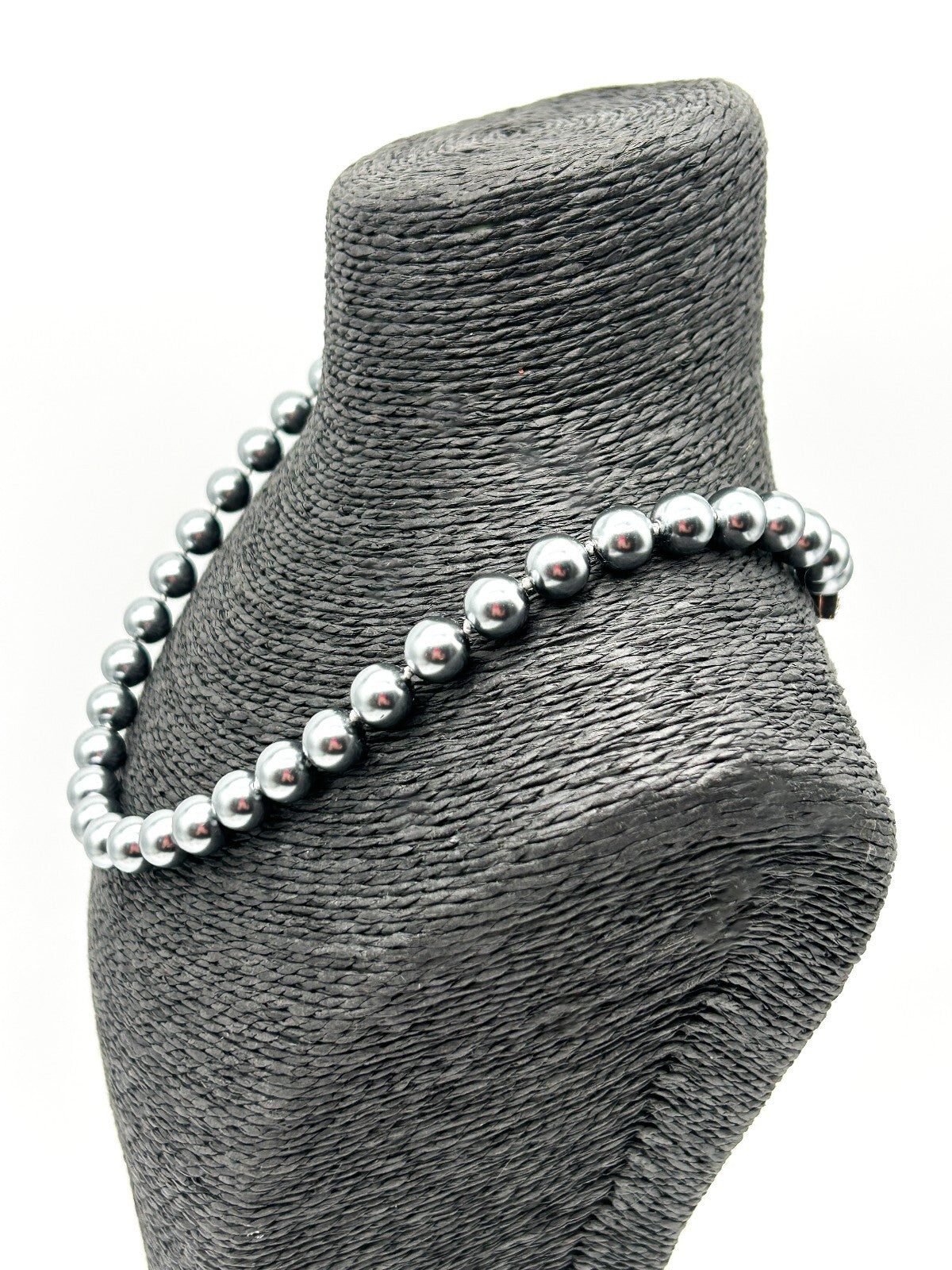 Vintage Grey Faux Pearl Necklace Bracelet Set Rhinestone Heart Clasp 19” 8.5”