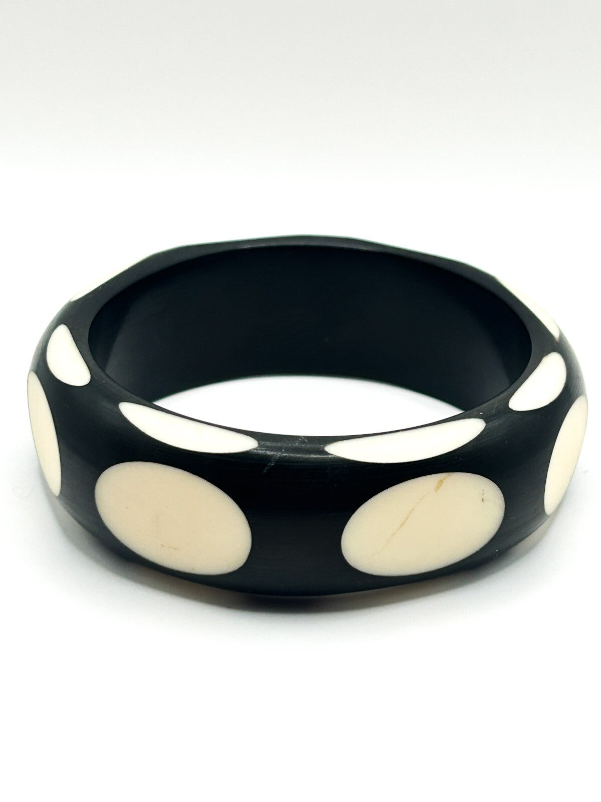 Vintage Black Cream Polka Dot Chunky Acrylic Bangle Bracelet Retro Mod