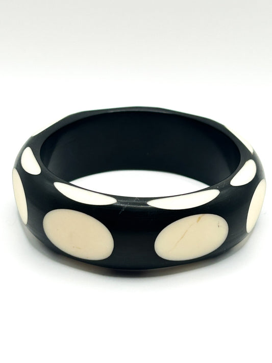 Vintage Black Cream Polka Dot Chunky Acrylic Bangle Bracelet Retro Mod