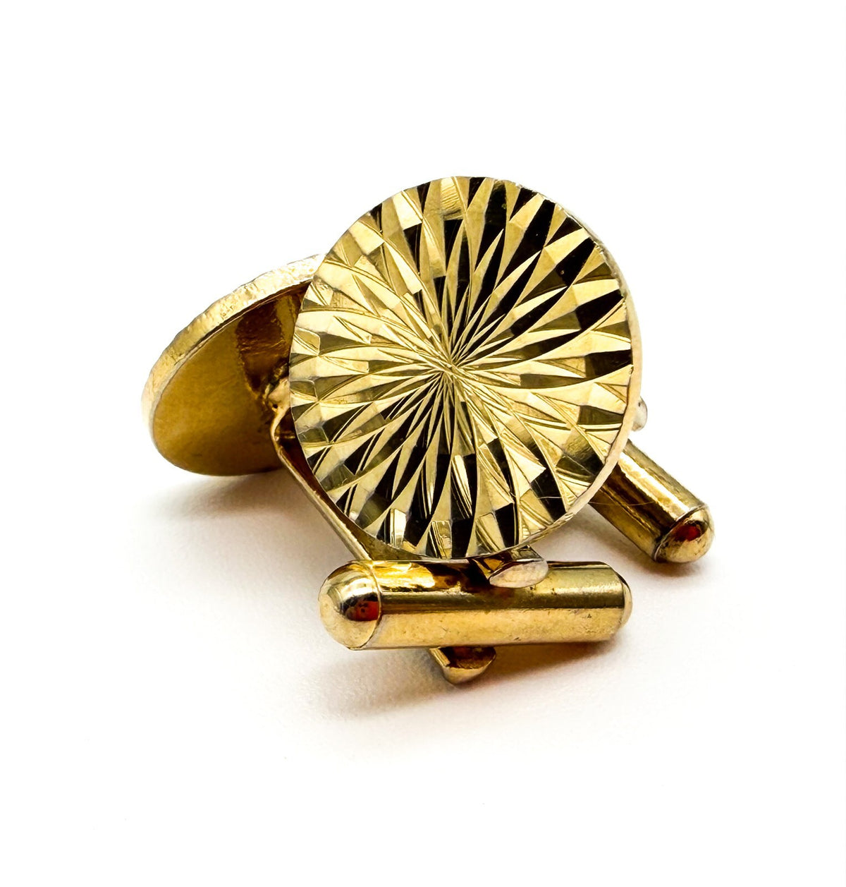 Vintage Gold Tone Engine Turned Cufflinks Diamond Cut Sunburst Round