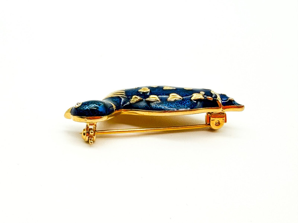 Vintage Blue Enamel Duck Bird Brooch Gold Tone Rhinestone Eye Pin