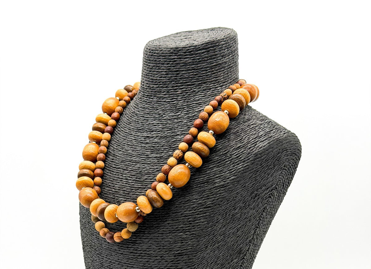 Boho Chunky Wooden Bead Necklace Bundle Layered Natural Wood Earthy Festival