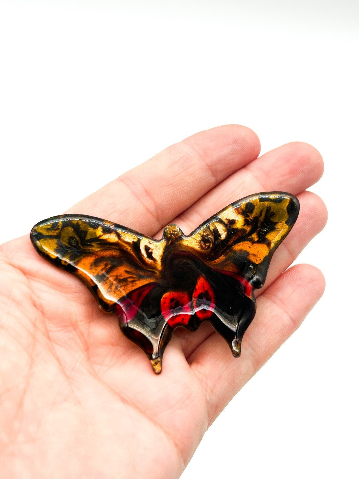 Vintage Glazed Ceramic Enamel Butterfly Brooch Amber Black Red Statement Pin