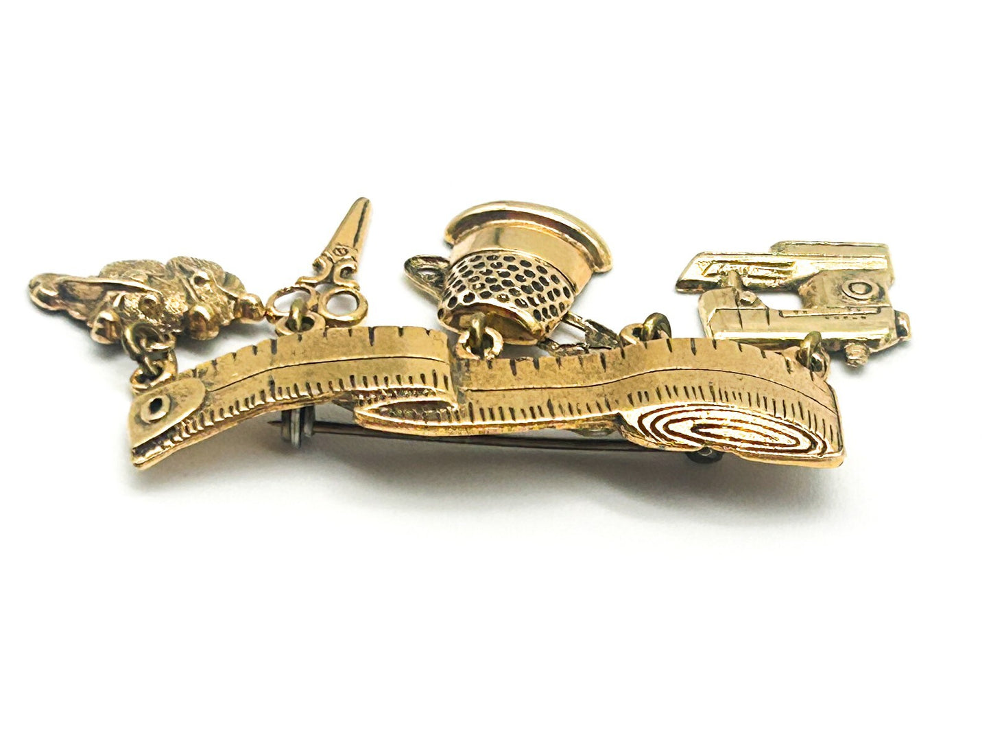 Vintage Gold Tone Sewing Tape Measure Charm Bar Brooch Sewing Machine Scissors