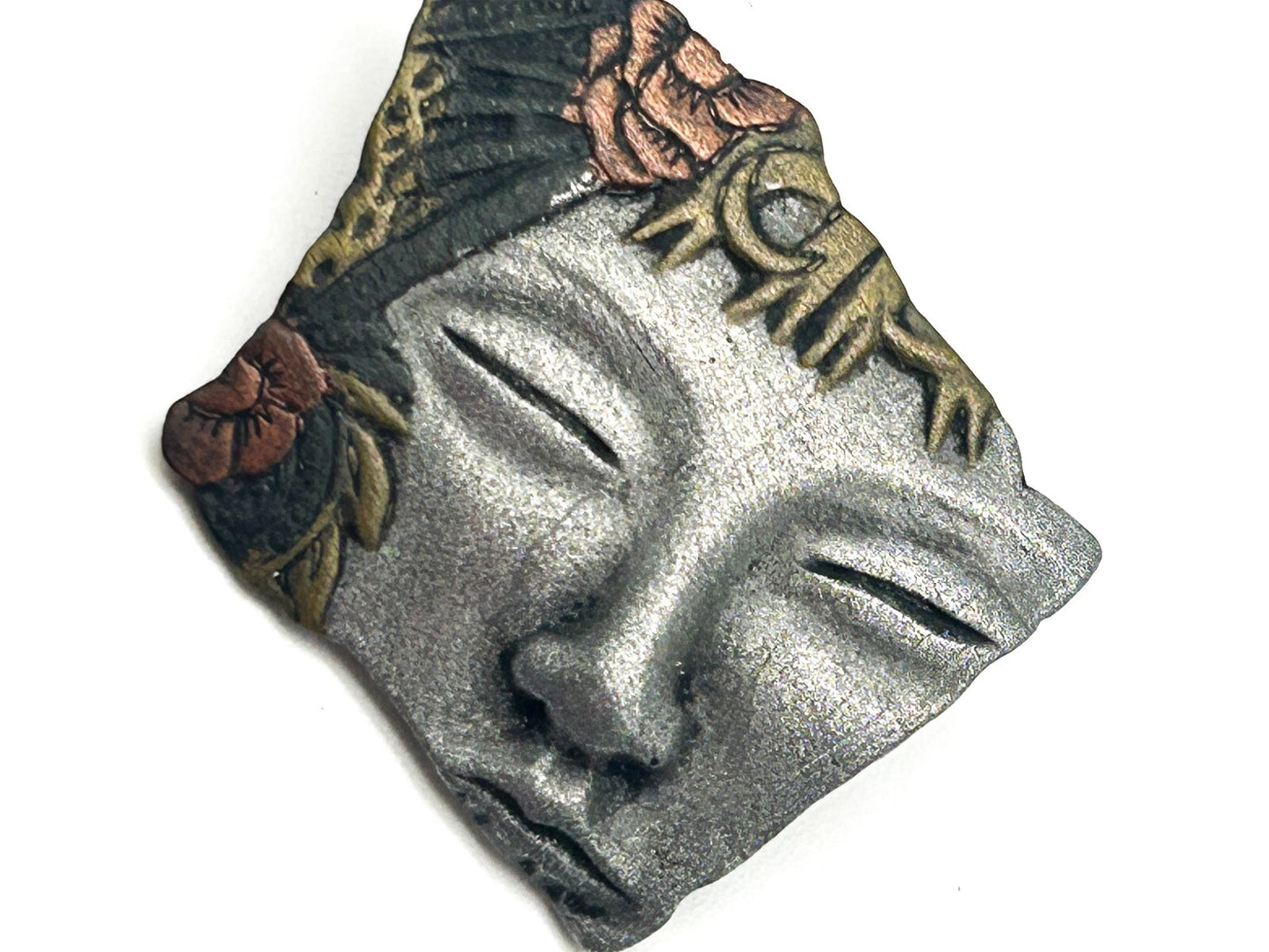 Vintage Pewter Face Brooch Floral Flower Headdress Oriental Pin Abstract Art