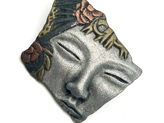 Vintage Pewter Face Brooch Floral Flower Headdress Oriental Pin Abstract Art