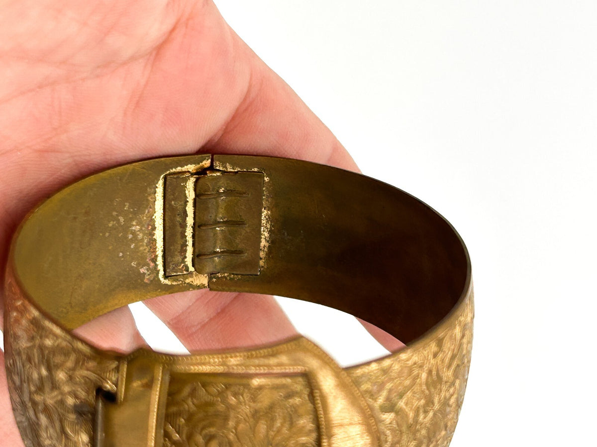 Vintage Ornate Gold Tone Buckle Bangle Embossed Floral Bracelet