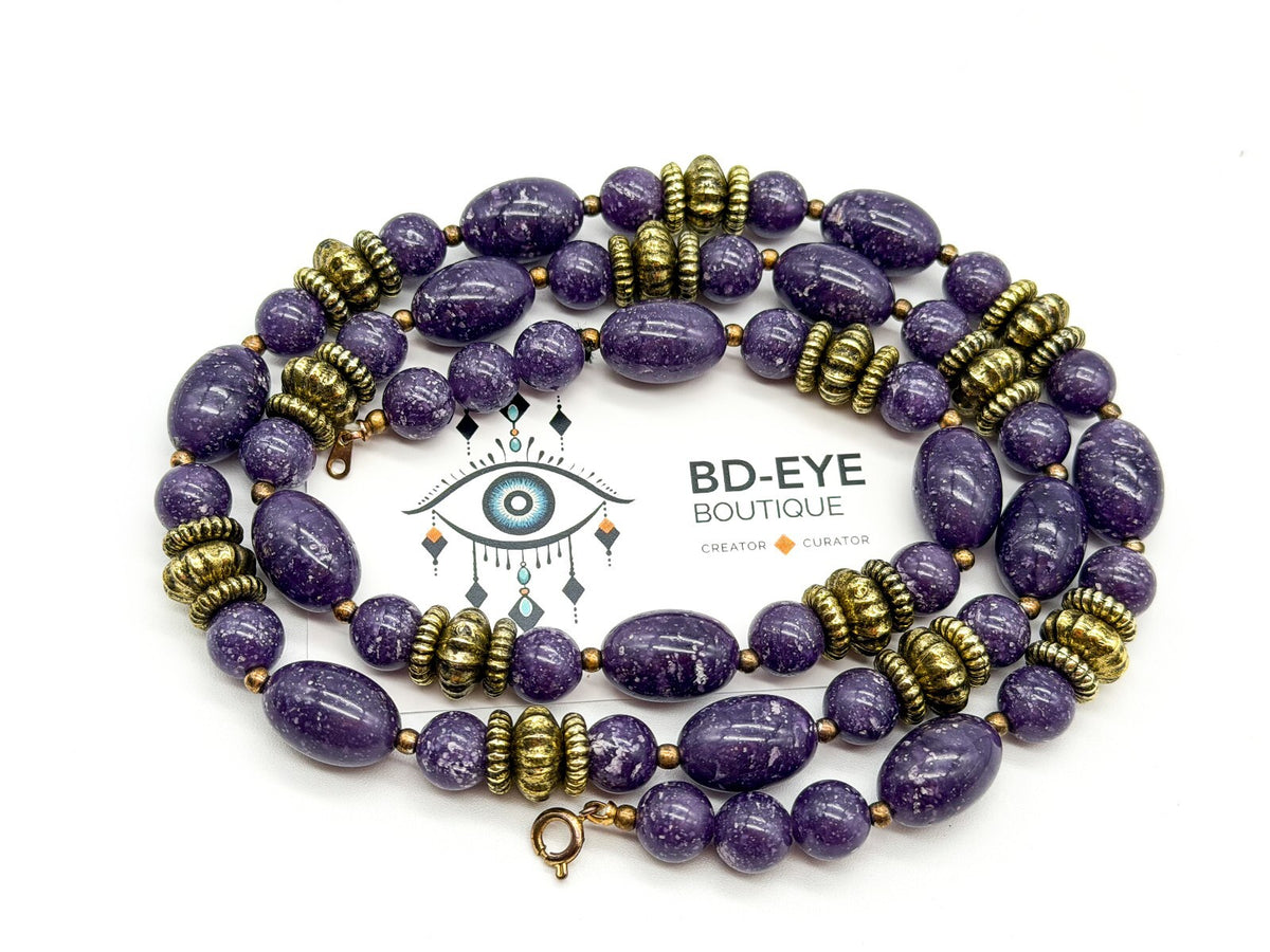 Vintage Purple Marbled Acrylic Bead Necklaces Gold Swirl Beads Necklace Duo
