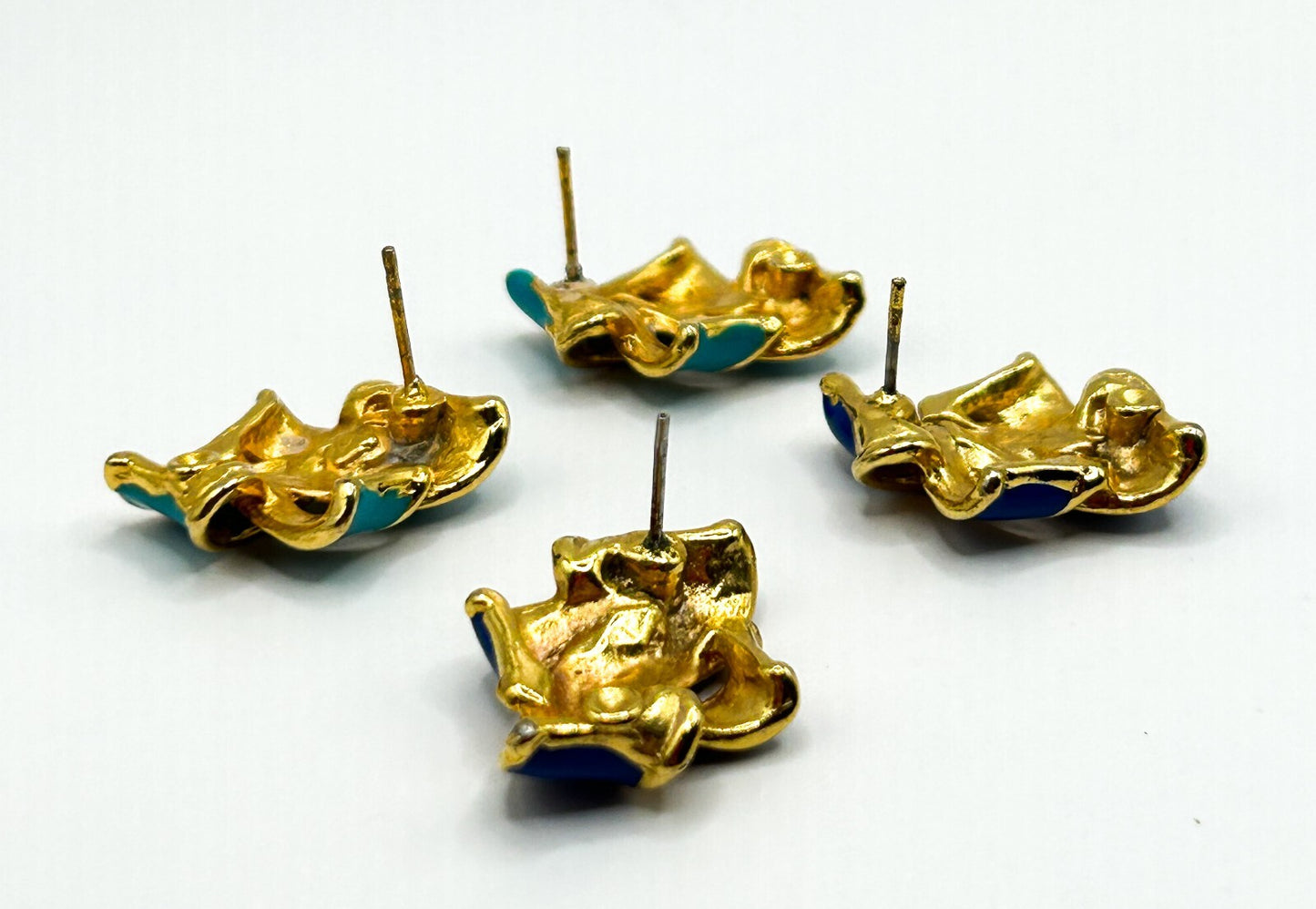 Vintage Blue Enamel Ribbon Knot Stud Earrings Gold Tone Cobalt Turquoise