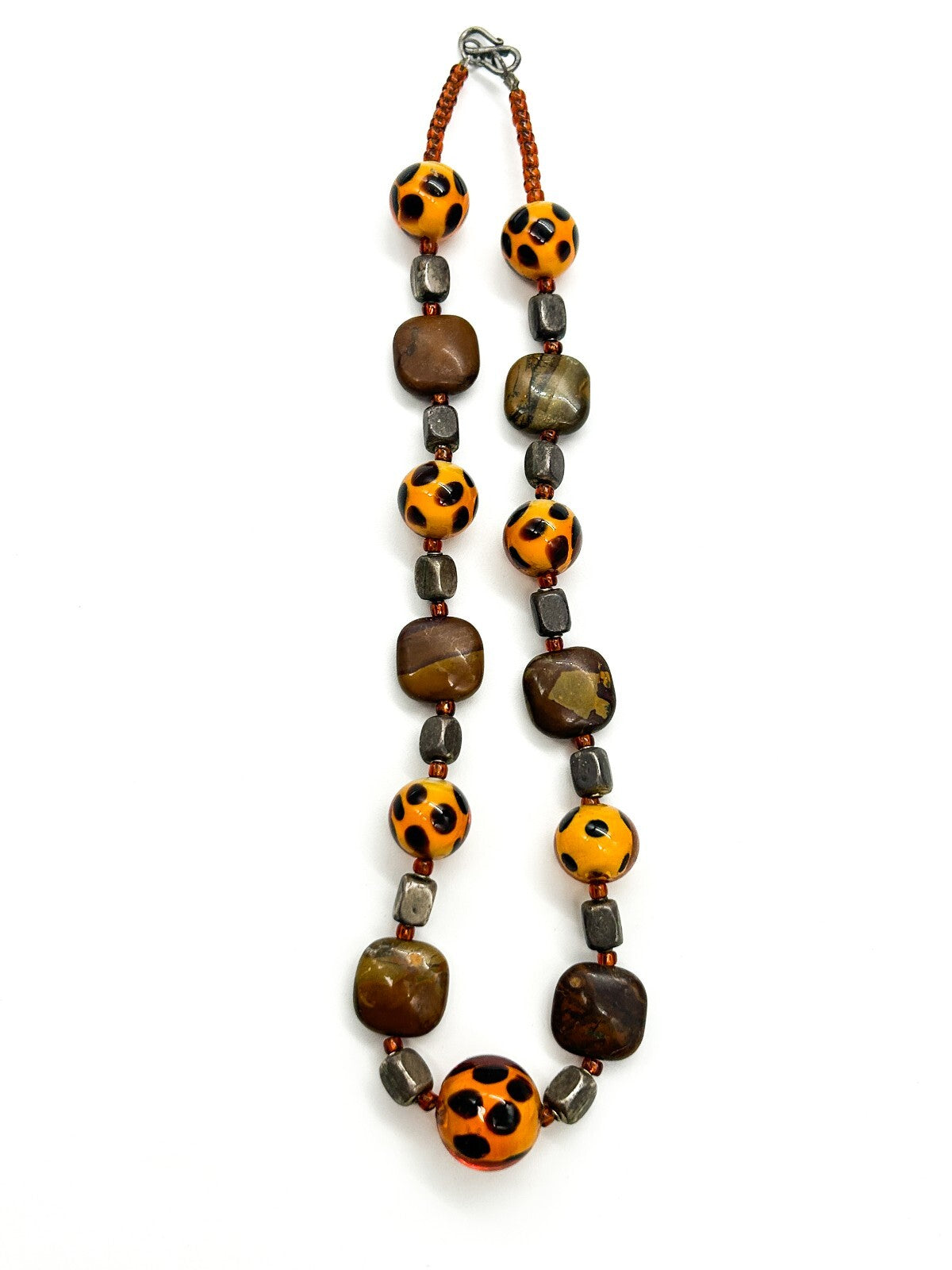 Vintage Jasper & Orange Spotted Glass Bead Necklace Leopard Print Style 19”