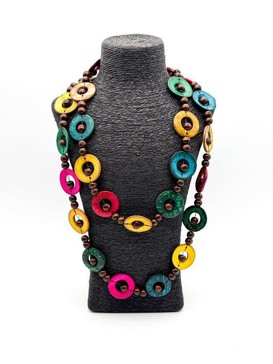 Colourful Dyed Coconut Shell & Wood Bead Necklace Boho 28” Long Festival