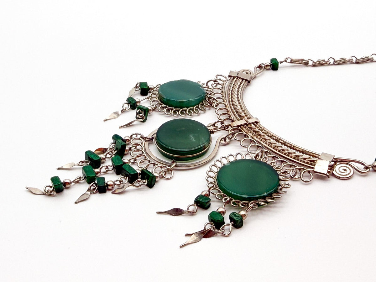 Peruvian Alpaca Silver Green Agate Necklace Earrings Set Malachite Bib Statement