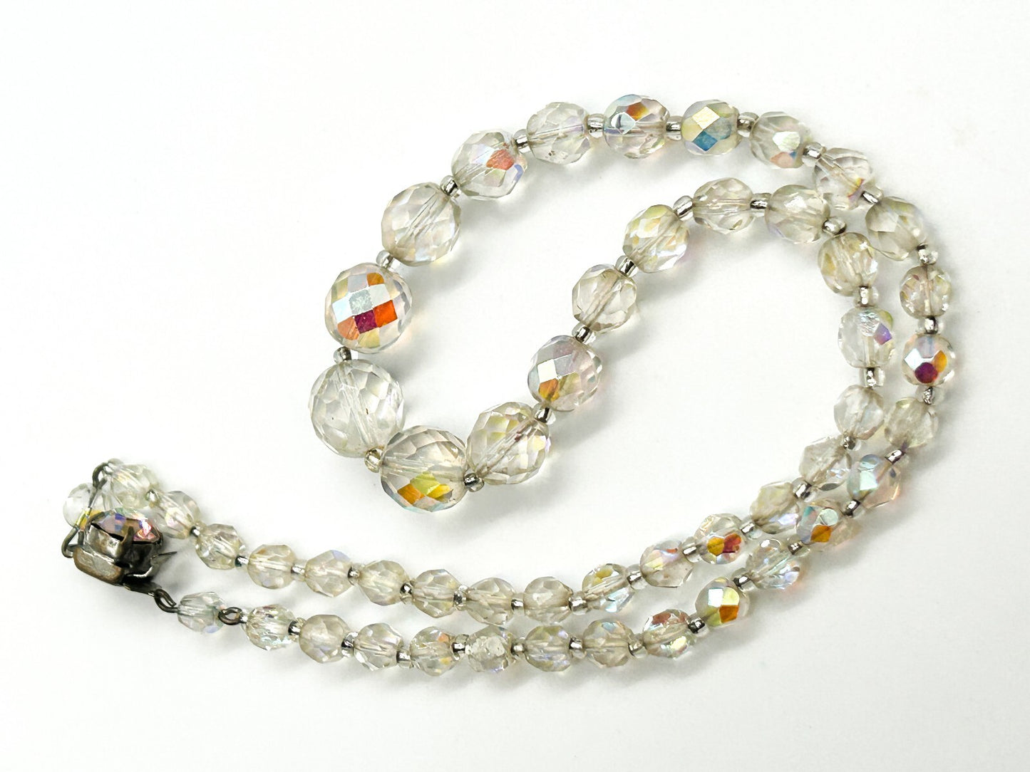 Vintage Aurora Borealis Crystal Necklace Faceted Glass Rhinestone Box Clasp 18"