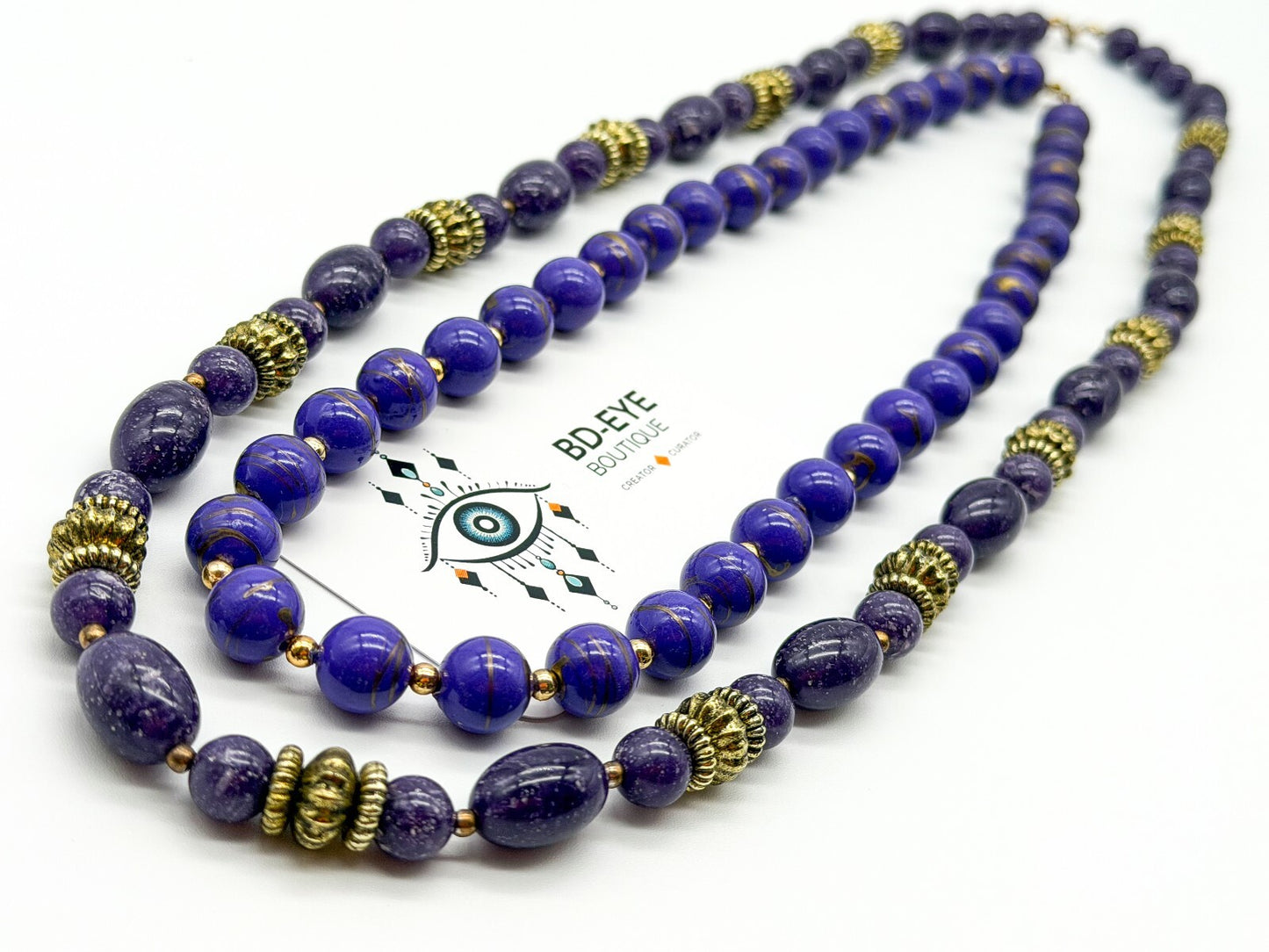 Vintage Purple Marbled Acrylic Bead Necklaces Gold Swirl Beads Necklace Duo