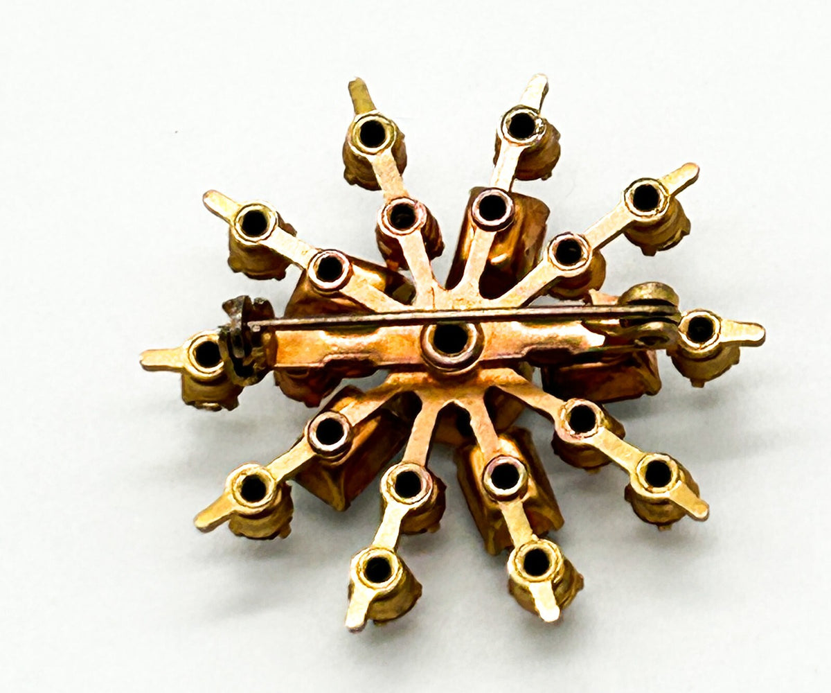Vintage Blue Clear Rhinestone Starburst Brooch Gold Tone Atomic Snowflake Pin