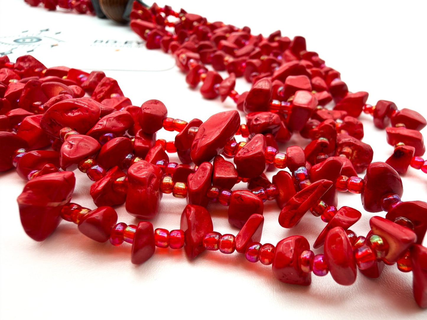 Red Coral Chip 5 Strand Necklace Wood Beads AB Glass Seed Beads 26” Statement