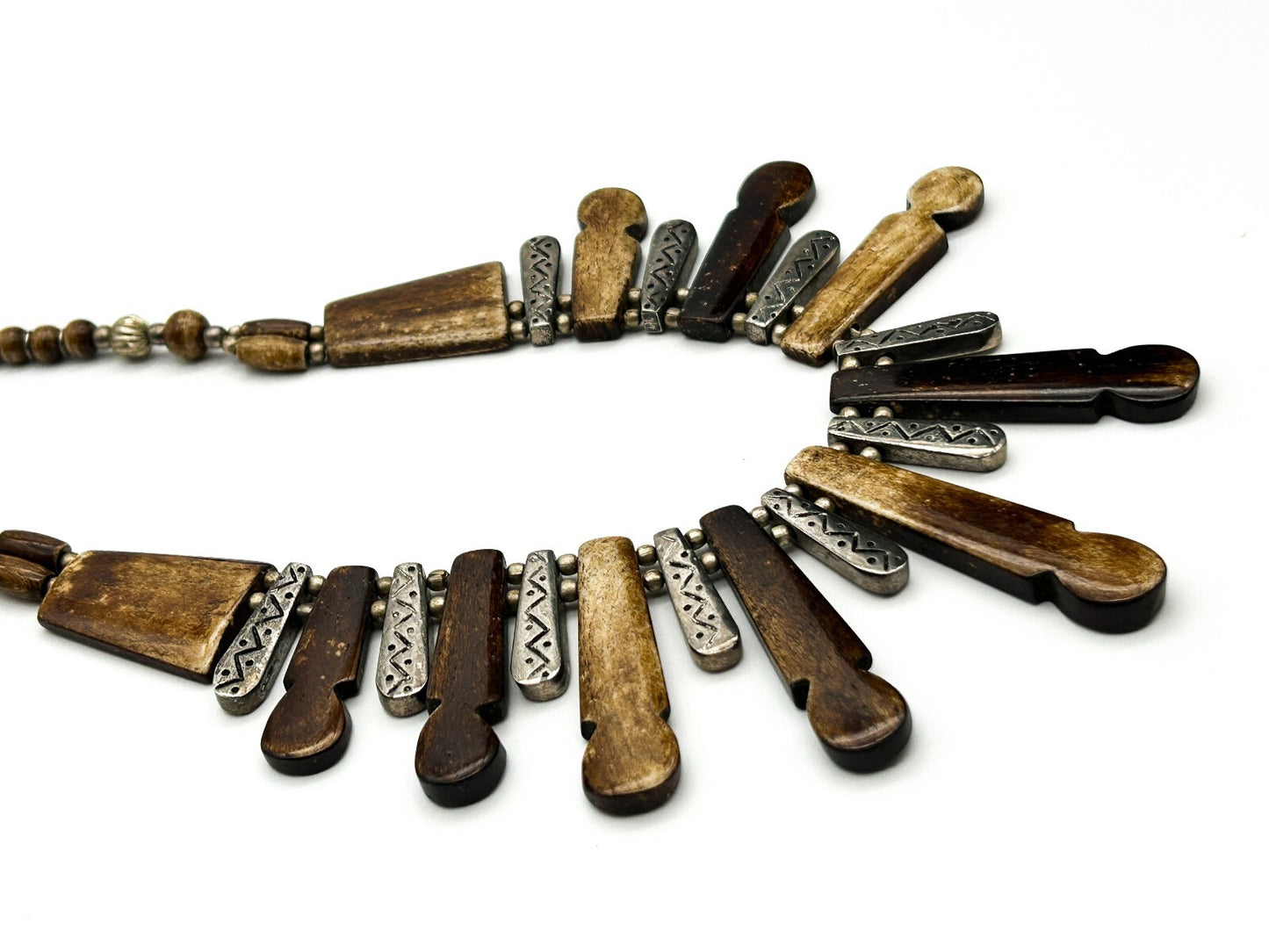 Vintage Boho Fringe Necklace Carved Organic Material Silver Tone Tribal Bib