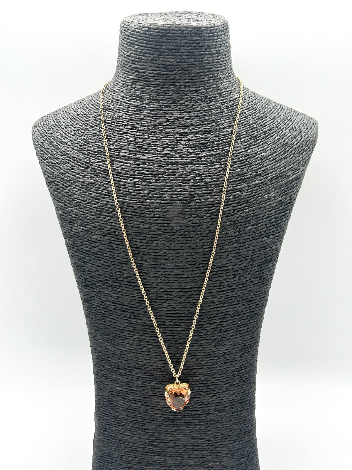 Vintage Gold Tone Smoky Amber Crystal Heart Pendant Necklace Faceted Glass 24”