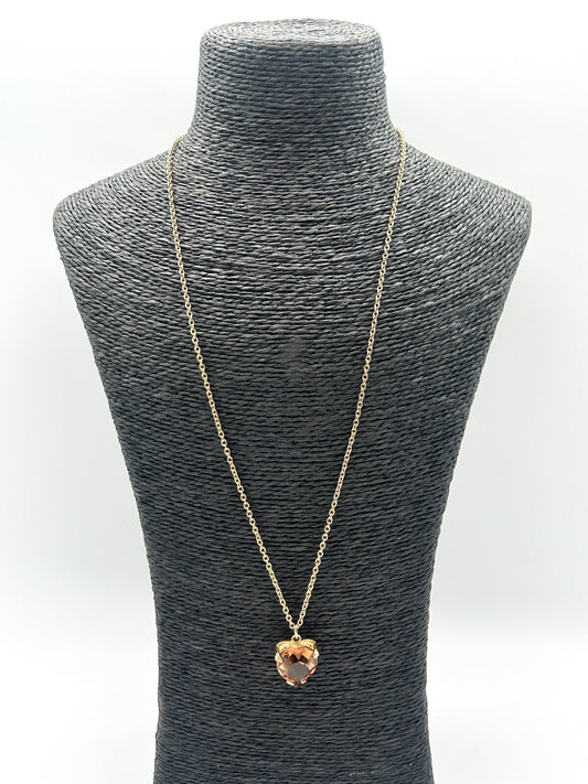 Vintage Gold Tone Smoky Amber Crystal Heart Pendant Necklace Faceted Glass 24”