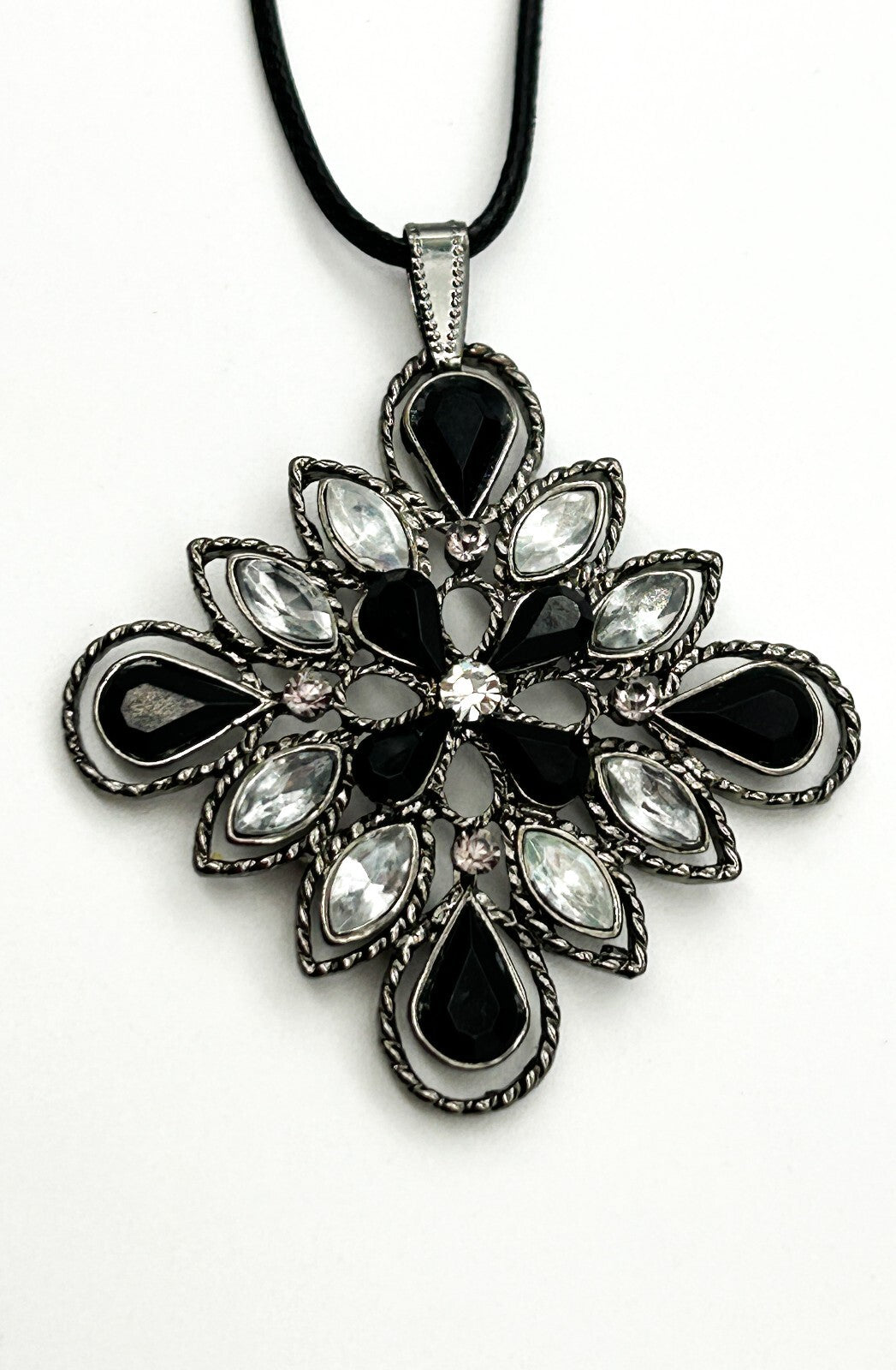 Gothic Black Clear Rhinestone Flower Pendant Necklace Gunmetal Floral Statement