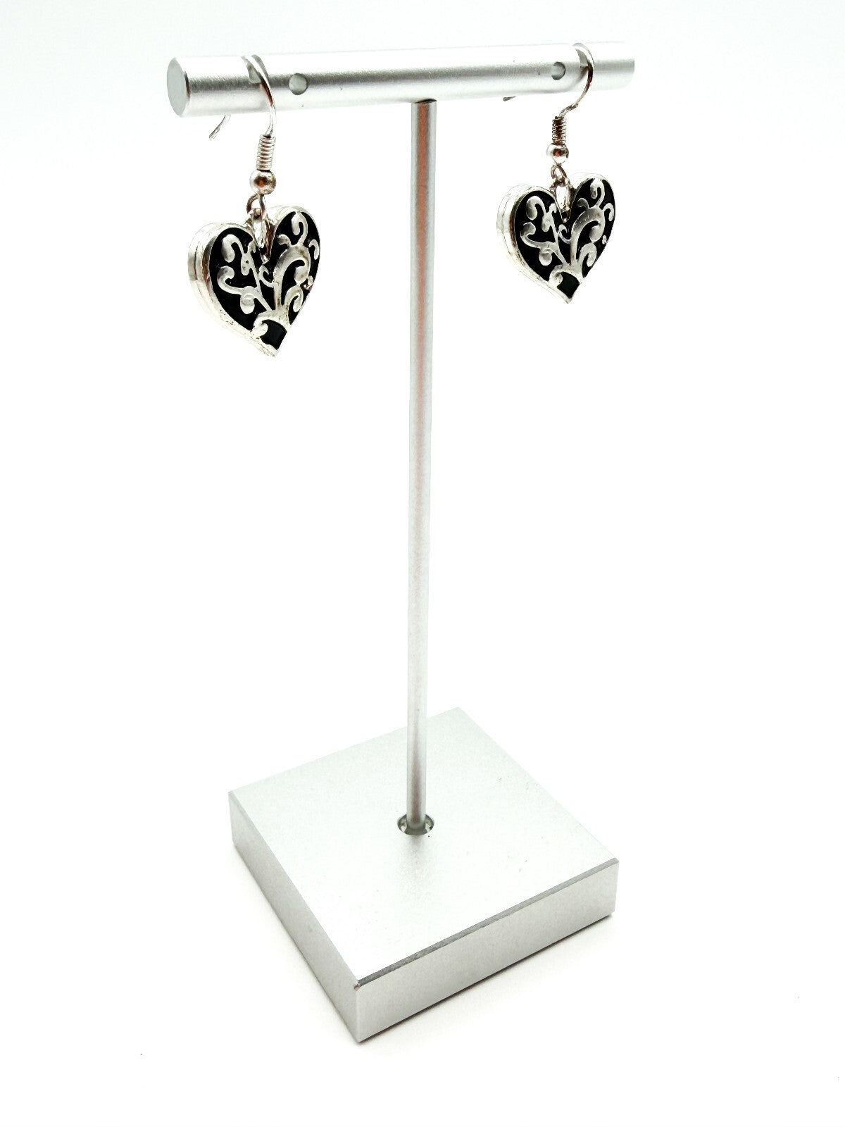 Silver Tone Love Heart Dangle Earrings Scroll Vine Detail on Black Drop Earrings