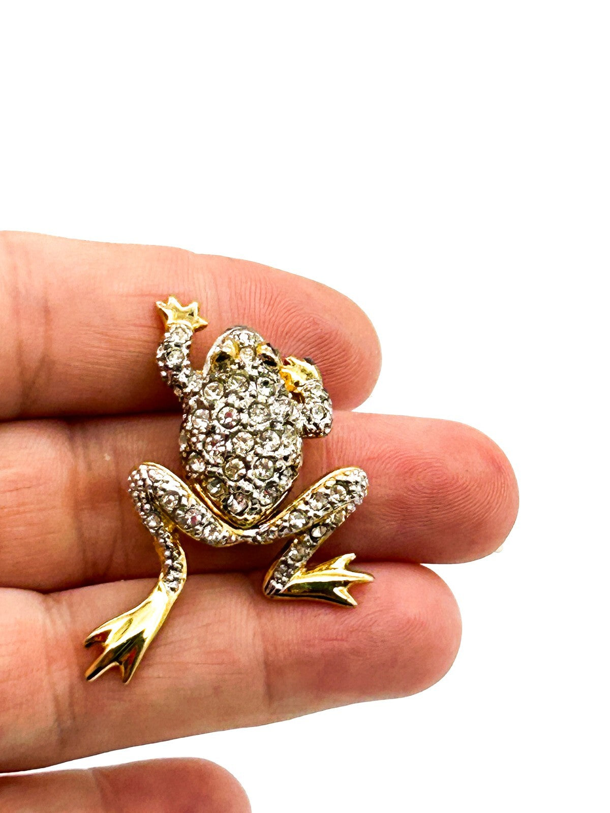 Vintage Articulated Legs Frog Gold Tone Pave Rhinestone Novelty Animal Pin Fun